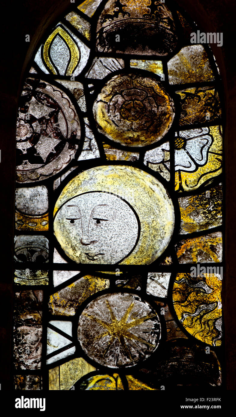 Medieval stained glass fragments, St. Andrew`s Church, Chedworth, Gloucestershire, England, UK Stock Photo